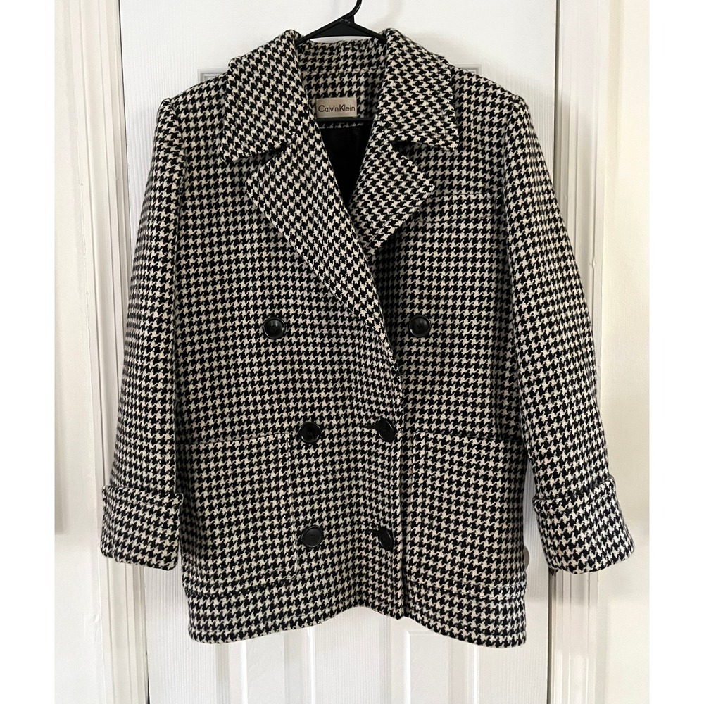 Calvin Klein Women Houndstooth Double Breasted Wool Pea Coat Black White Size 8